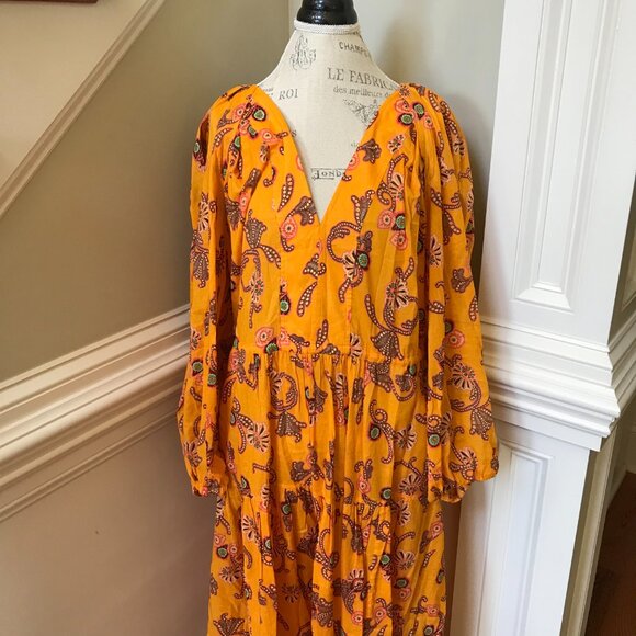 ALC Sayer Midi Dress Womens 14 Yellow Long Sleeve Print Cotton Voile V-Neck - Picture 4 of 13